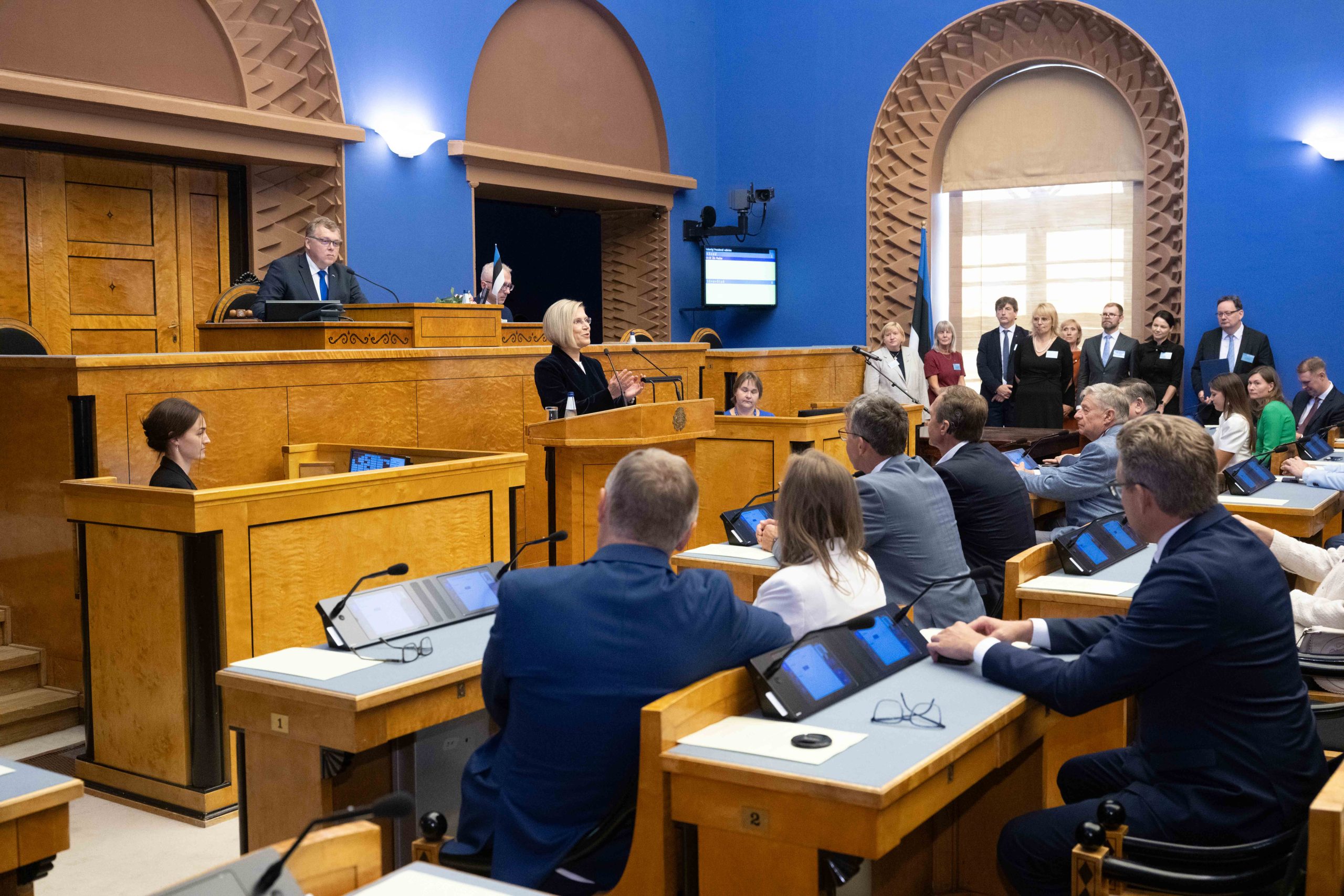 Vastvalitud Eesti president Ülle Madise kõne valituks saamise järel. Foto: Erik Peinar, Riigikogu Kantselei