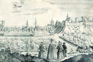 Vaade Tallinnale läänest. Gravüür A. Oleariuse reisikirjast "Offt begehrteBeschreibung den Newen Orientalischen Reise ...", 1647. Eesti Rahvusraamatukogu